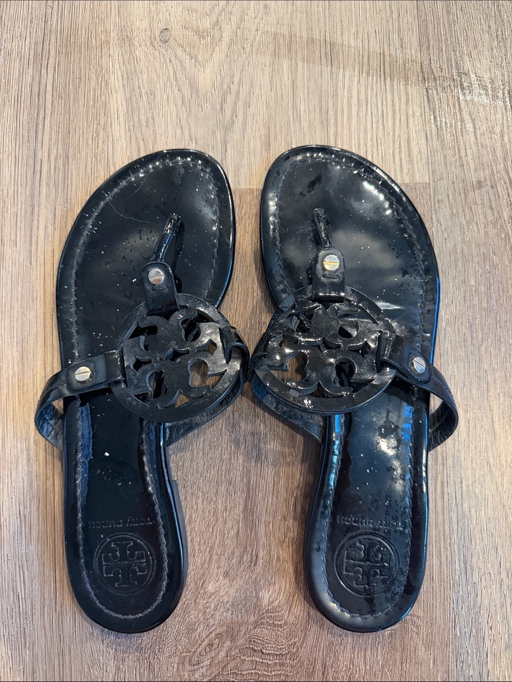 Tory Burch Black Patent Leather Logo Thong Sandals